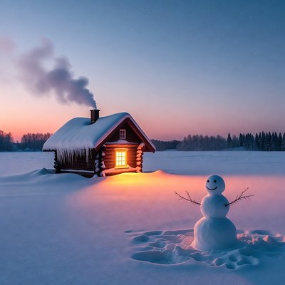 Snowy Cabin with Snowman at Twilight