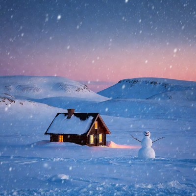 Snowy Cabin with Snowman