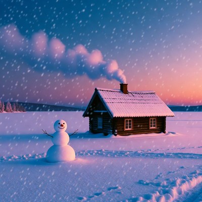 Snowman beside snowy log cabin