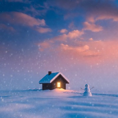 Snowy Cabin and Snowman at Dusk