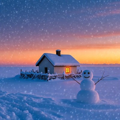 Snowman beside snowy house at sunset