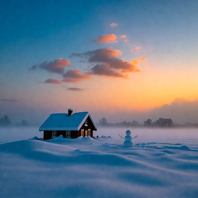 Snowman beside snowy cabin at sunset