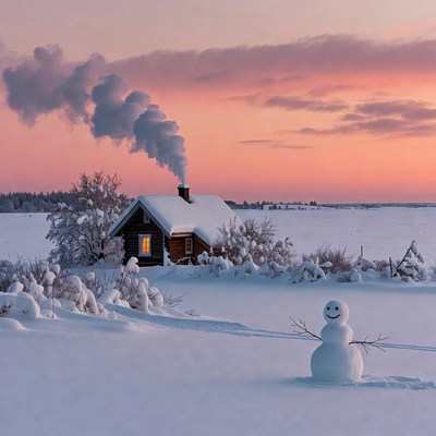 Snowman by snowy wooden cabin sunset
