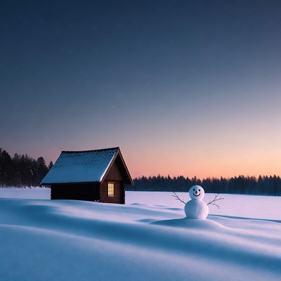 Snowman beside snowy wooden cabin