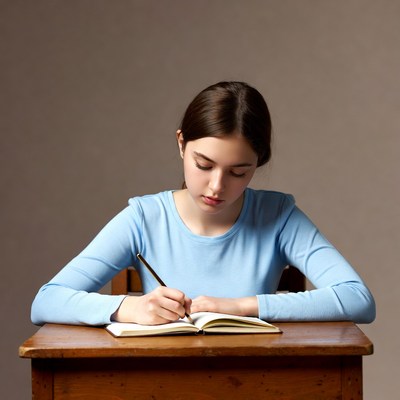 Girl writing in notebook at desk