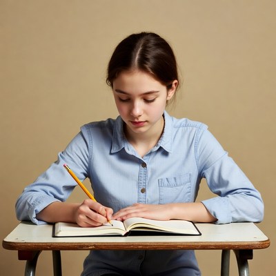 Girl writing in notebook at desk