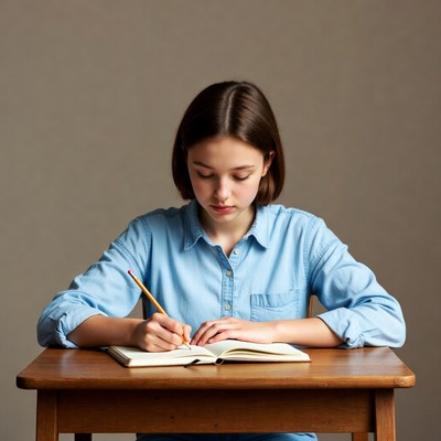 Girl writing in notebook at desk