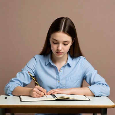 Girl writing in notebook at desk