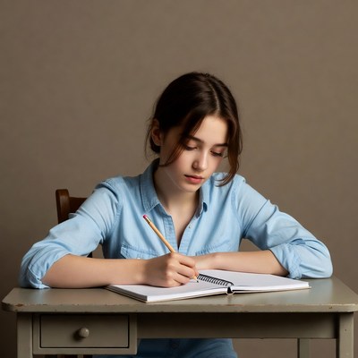 Girl writing in notebook at desk