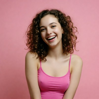 Curly-haired girl smiling on pink background