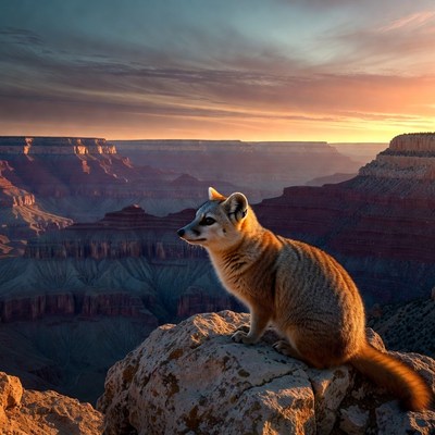 Fox on rock at Grand Canyon sunset