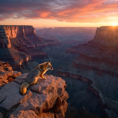 Fox on Grand Canyon Cliff at Sunset