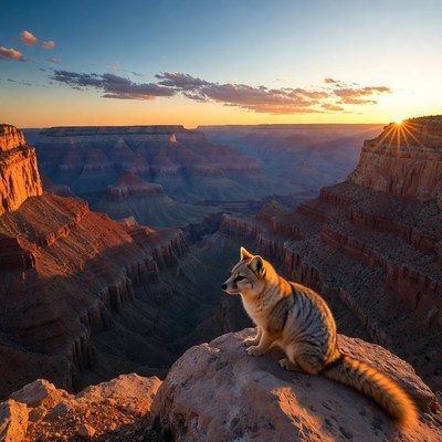 Fox sitting on Grand Canyon rock at sunset