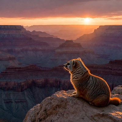 Ringtail Cat on Grand Canyon Cliff at Sunset