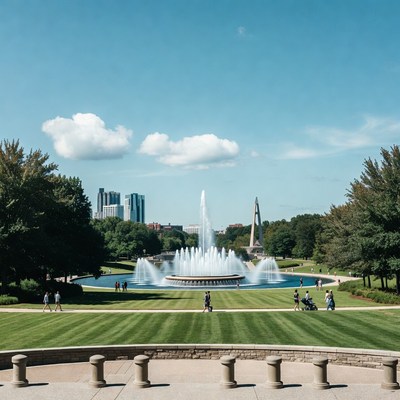 Fountain in park with city skyline
