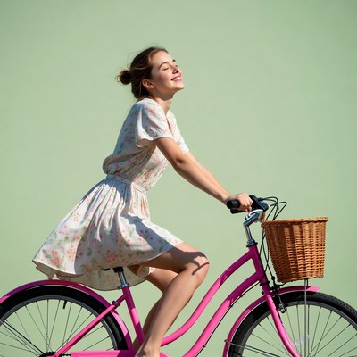 Woman riding pink bicycle