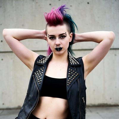 Woman with pink mohawk and studded vest