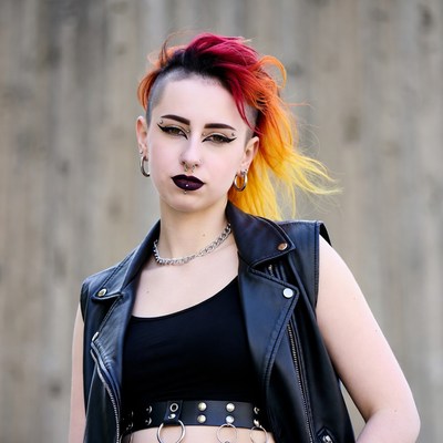 Woman with red undercut mohawk leather vest