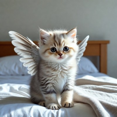 Angel-winged kitten on bed