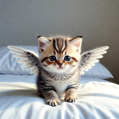 Cute winged kitten on bed