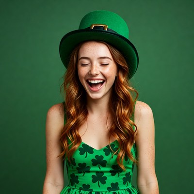Redhead girl laughing in green shamrock dress