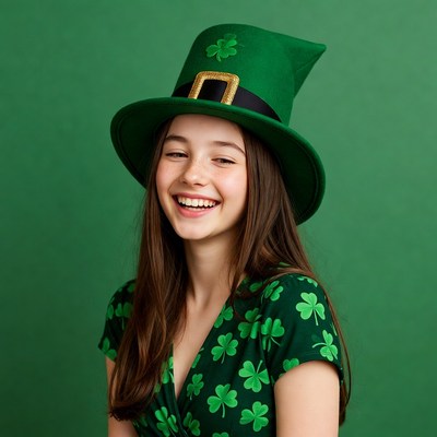 Girl smiling in green leprechaun hat