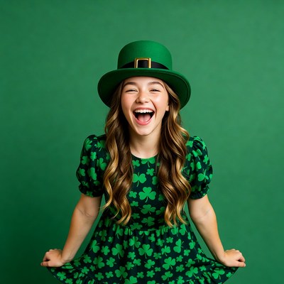 Girl laughing in shamrock green dress