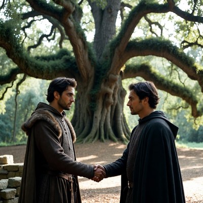 Two men shaking hands by ancient oak tree