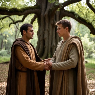 Two men shaking hands under tree