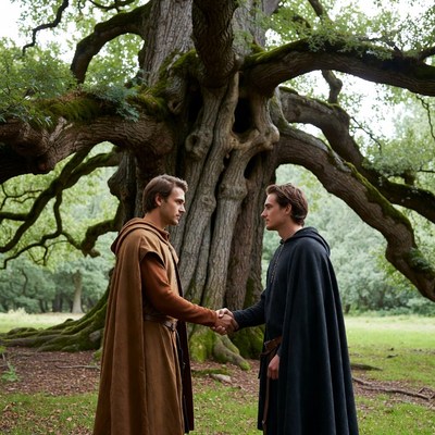 Two men shaking hands by ancient oak