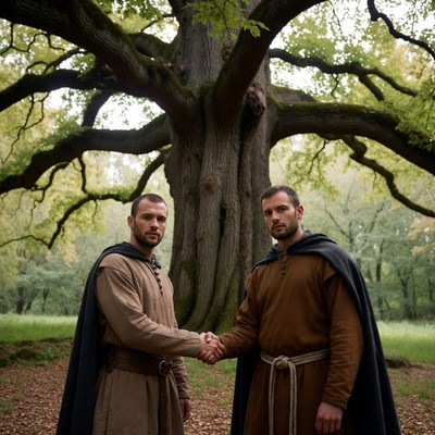 Two men shaking hands under oak tree