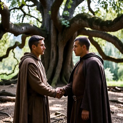 Two monks shaking hands under tree