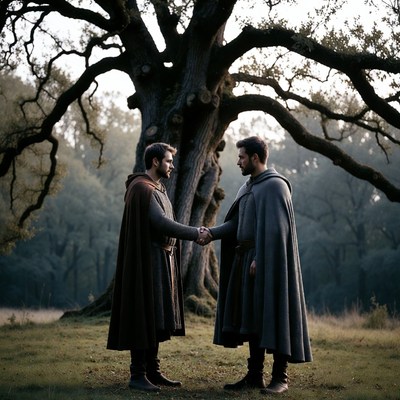 Two men shaking hands under oak tree
