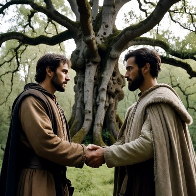 Two bearded men shaking hands by ancient oak