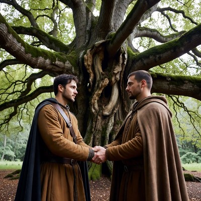 Two men shaking hands by ancient oak tree