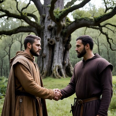 Two bearded men shaking hands by ancient oak