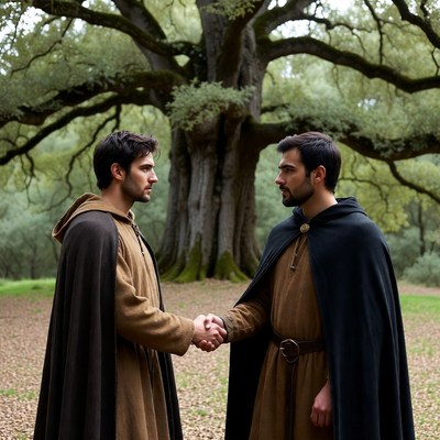 Two men shaking hands under oak tree
