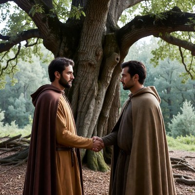 Two men shaking hands under oak tree