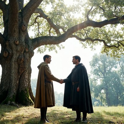 Two men shaking hands under oak tree
