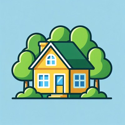 Yellow house surrounded by green trees