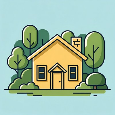 Yellow House with Trees Illustration