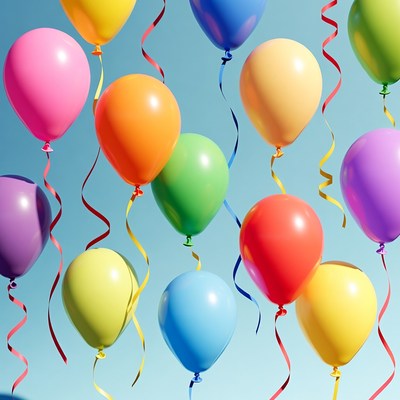 Colorful balloons floating with ribbons