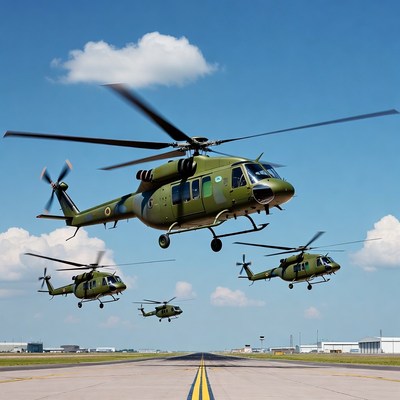 Military Helicopters Flying Over Runway