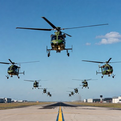 Military Helicopters Flying Over Runway