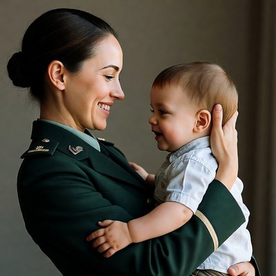 Female soldier holding smiling baby