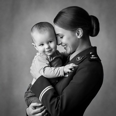 Female soldier holding smiling baby