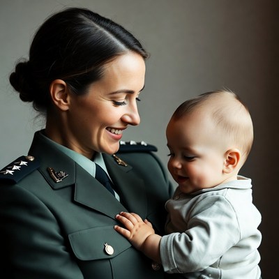 Female soldier holding smiling baby