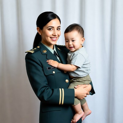 Asian woman in military uniform holding baby
