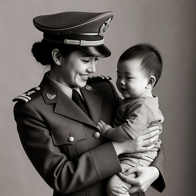 Asian female soldier holding baby