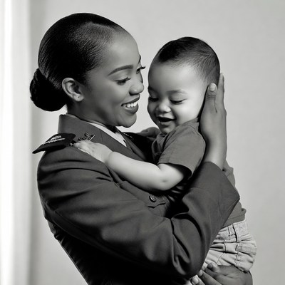 African-American woman in uniform holding baby